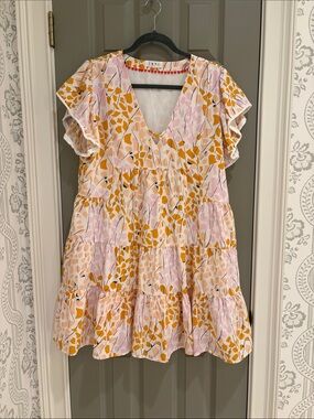 THML White Blouse with Orange Floral and Red Pom Trim